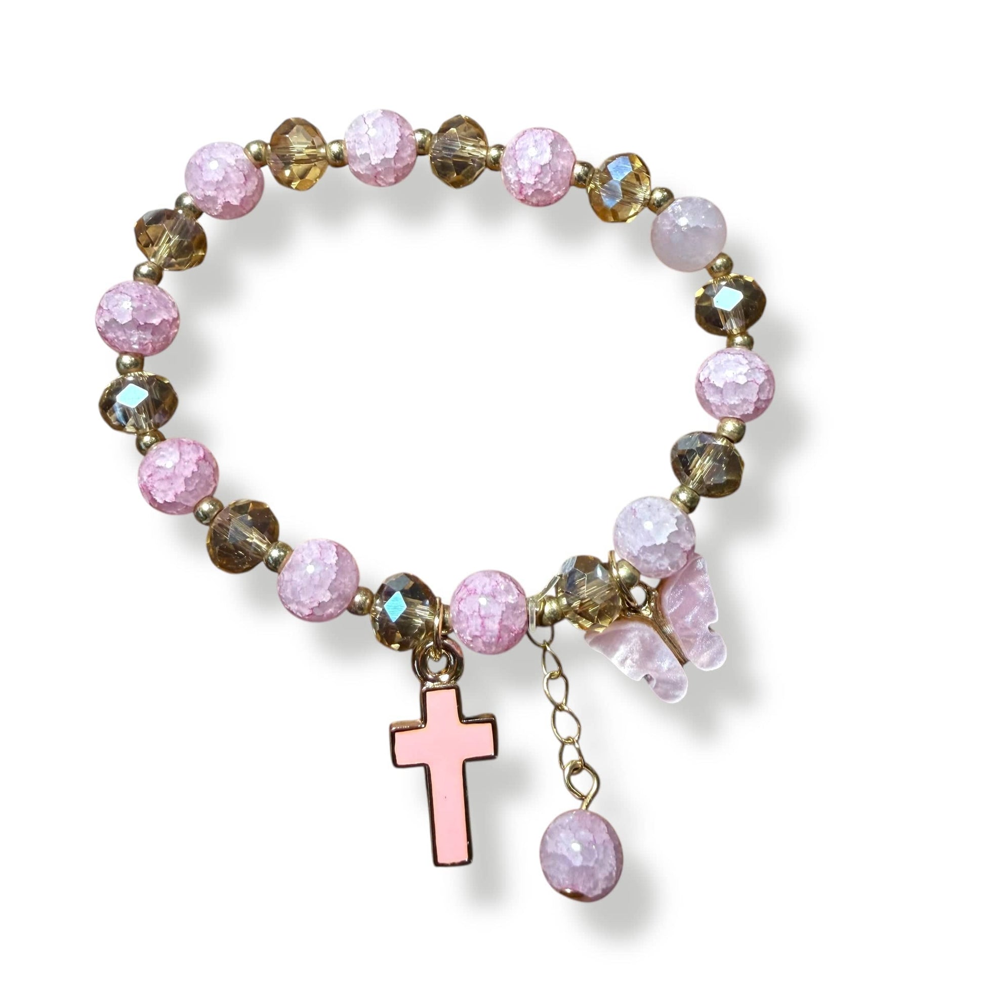 Pink Serenity Bracelet – Cross & Butterfly Charm Blessed by Pope | Catholically