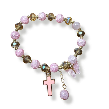 Pink Serenity Bracelet – Cross & Butterfly Charm Blessed by Pope | Catholically