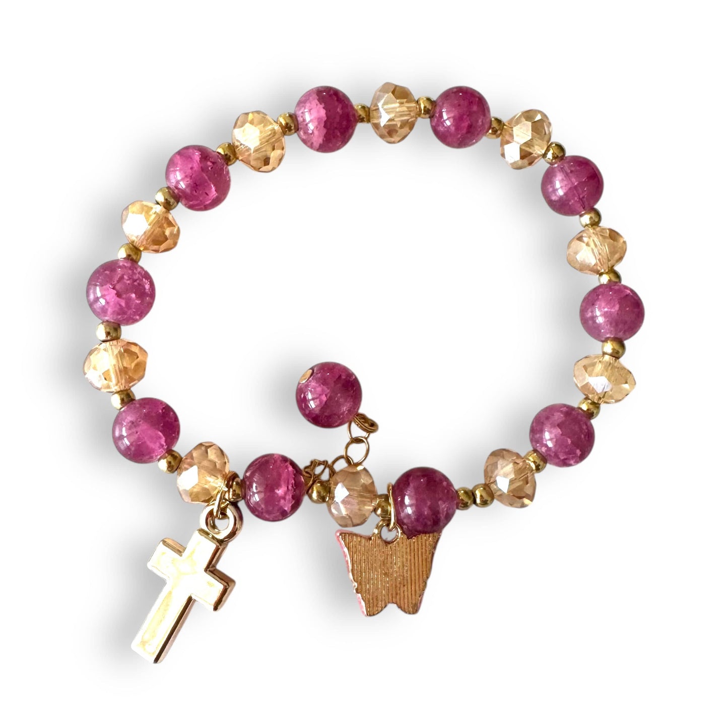 Rose and Champagne Catholic Prayer Bracelet with Cross and Butterfly Charms | Catholically