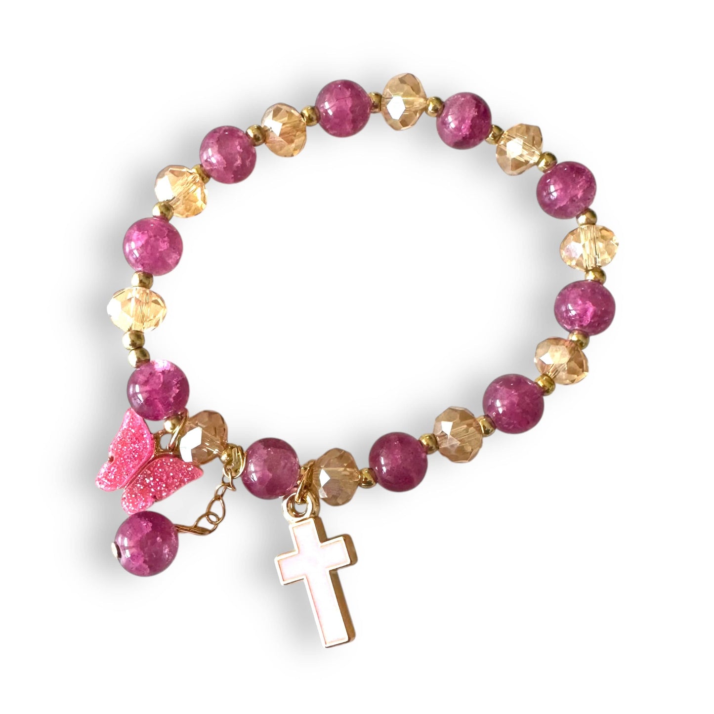 Rose and Champagne Catholic Prayer Bracelet with Cross and Butterfly Charms | Catholically