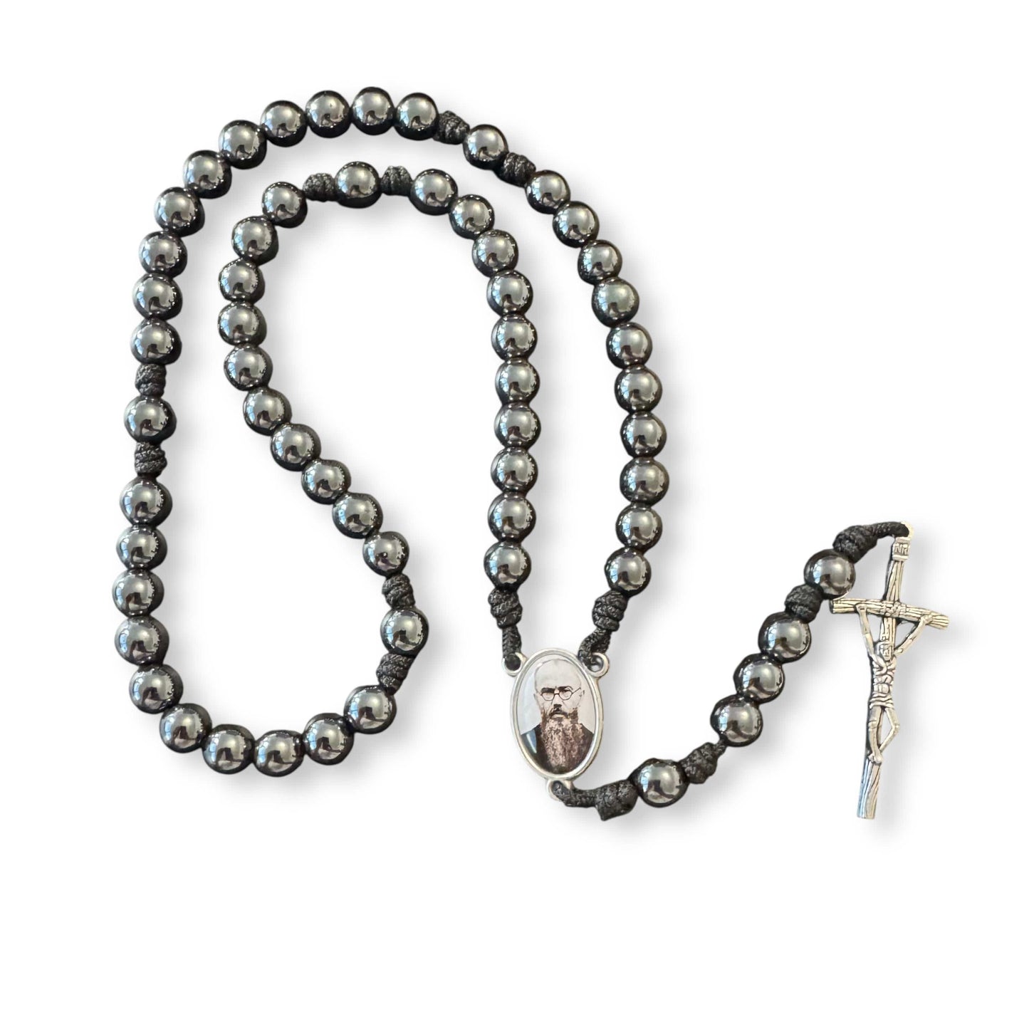 Saint Kolbe Relic Hematite Rosary - Handcrafted Spiritual Keepsake | Catholically