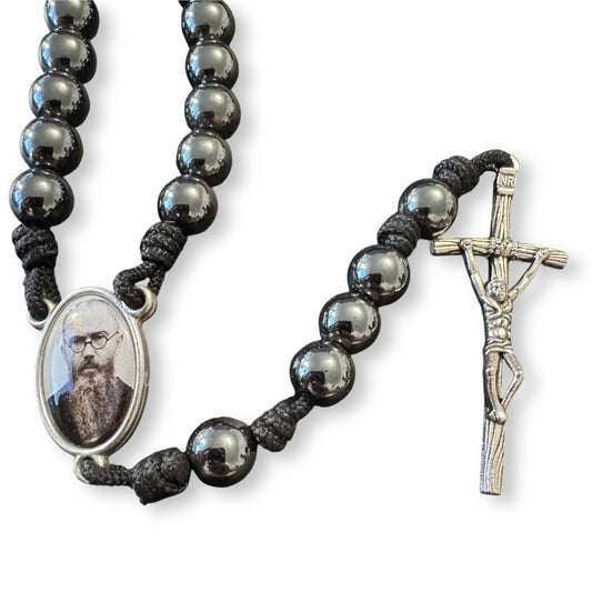 Saint Kolbe Relic Hematite Rosary - Handcrafted Spiritual Keepsake | Catholically
