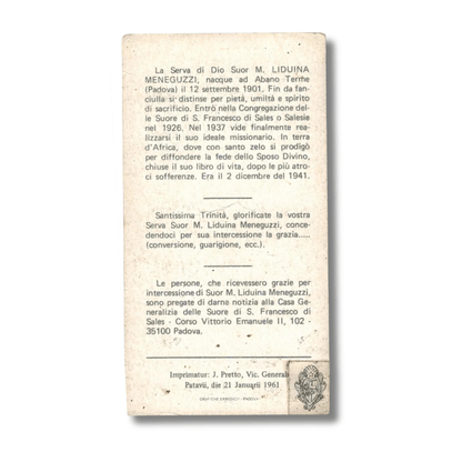 Servant of God Sister Maria Liduina Meneguzzi Prayer Card with Relic | Catholically