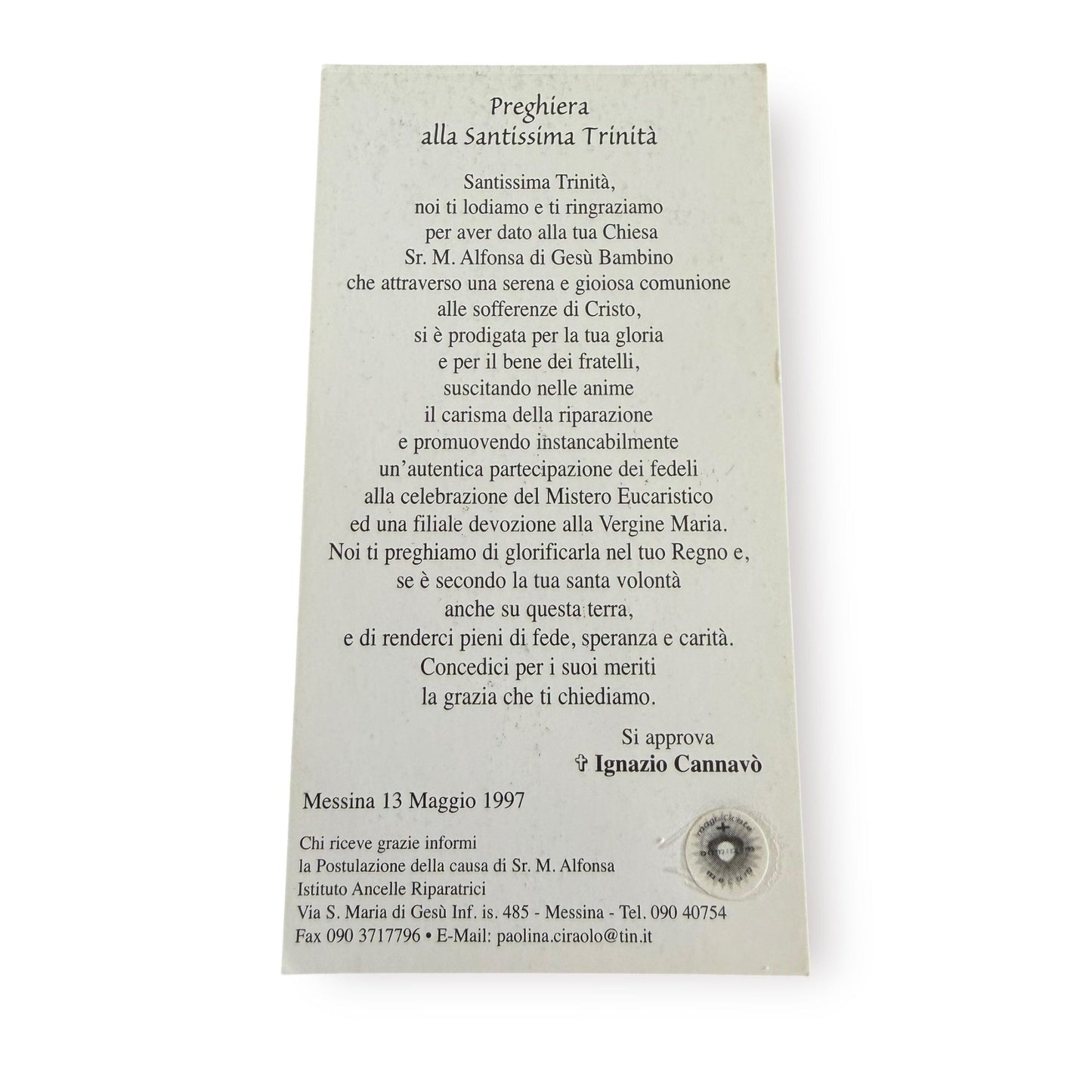 Sr. Maria Alfonsa Relic – Vintage Holy Card Blessed by Pope | Catholically