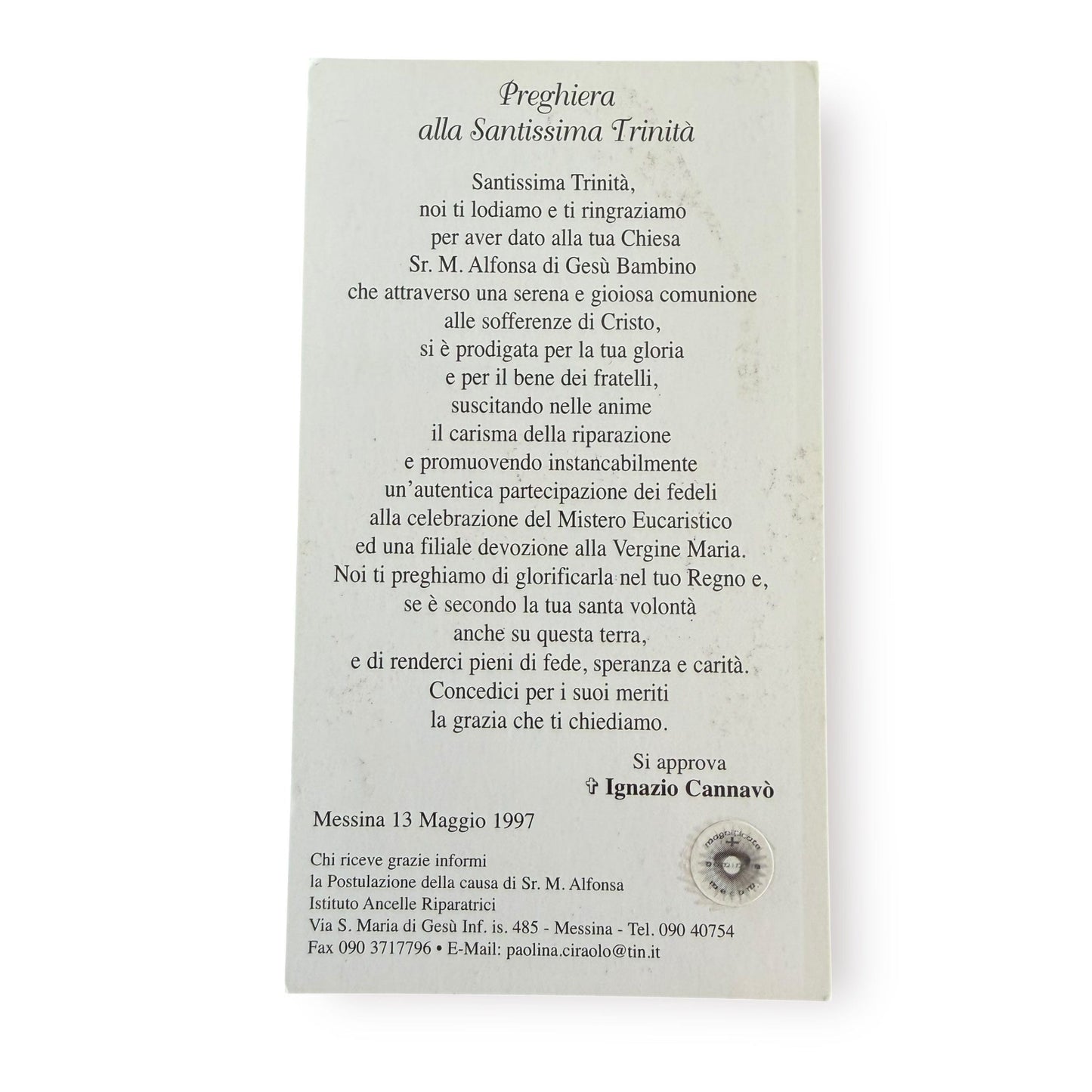 Sr. Maria Alfonsa Relic Card – Vintage Holy Card Blessed by Pope Leo | Catholically