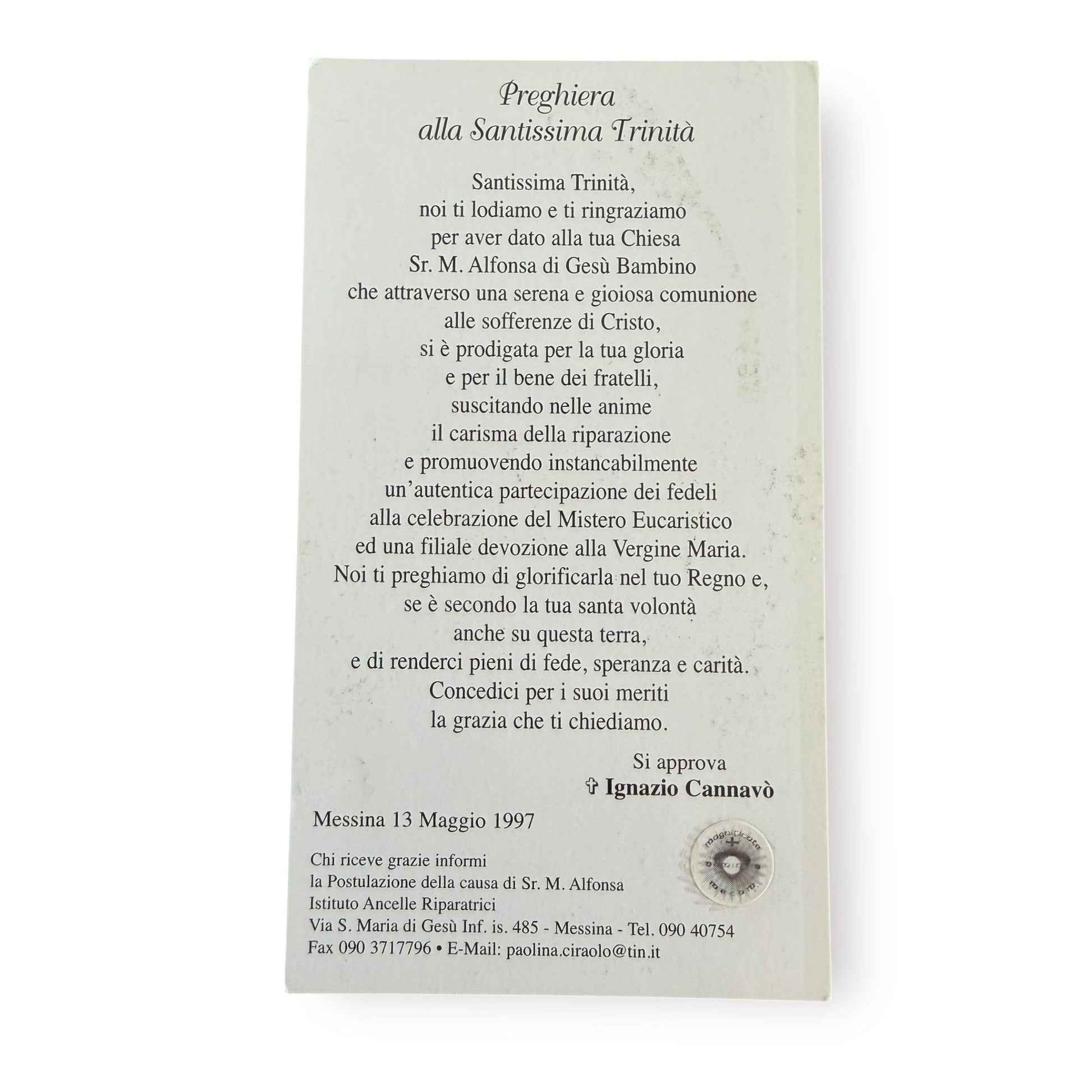 Sr. Maria Alfonsa Relic Card – Vintage Holy Card Blessed by Pope Leo | Catholically