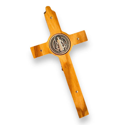 St. Benedict High Quality 7" 1/2 Honey Wood Crucifix - Exorcism | Catholically
