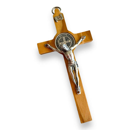 St. Benedict High Quality 7" 1/2 Honey Wood Crucifix - Exorcism | Catholically
