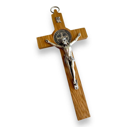 St. Benedict High Quality 7" 1/2 Honey Wood Crucifix - Exorcism | Catholically