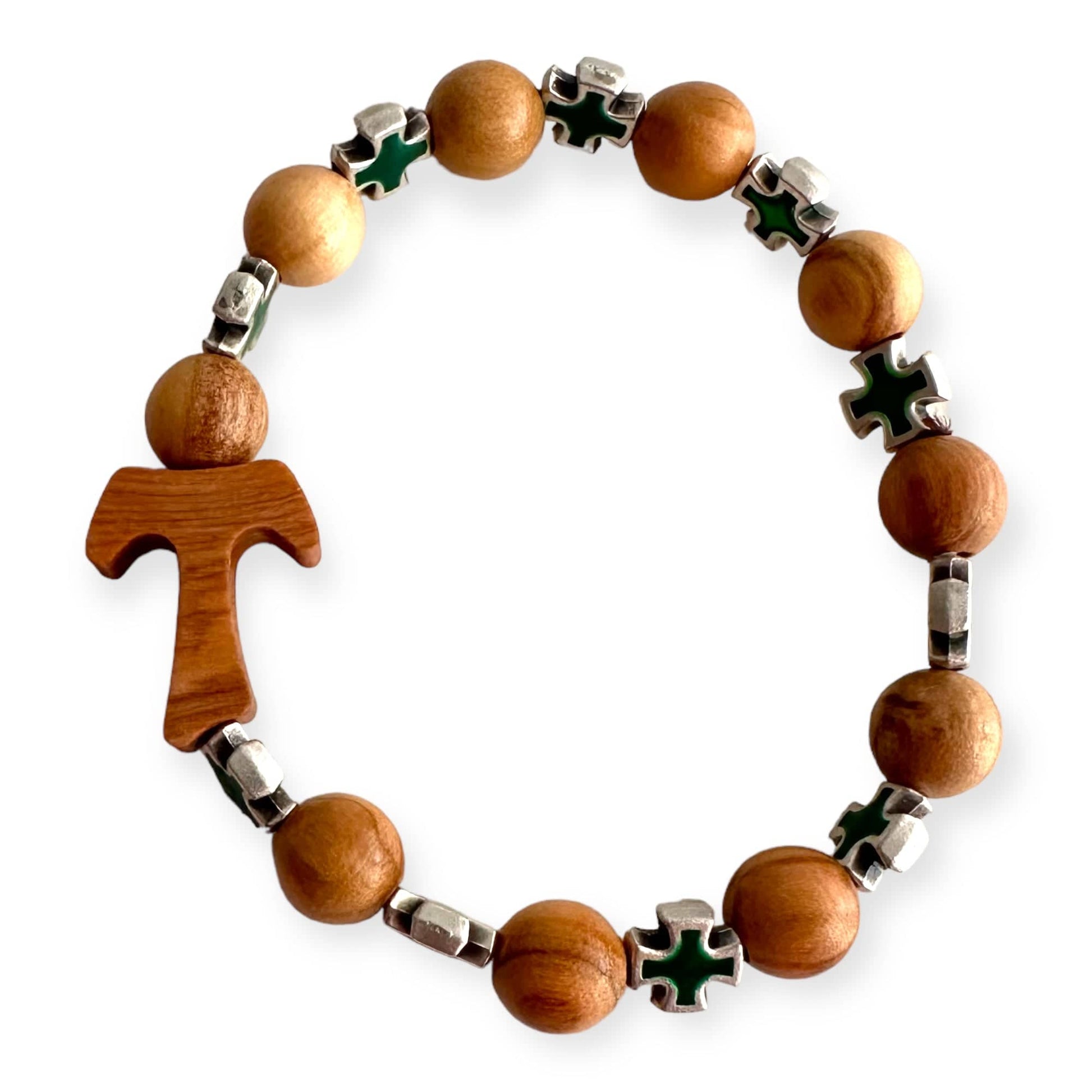 Handcrafted Wooden Bracelet with Tau Cross and Green Celtic Crosses | Catholically