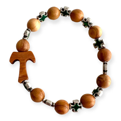 Handcrafted Wooden Bracelet with Tau Cross and Green Celtic Crosses | Catholically