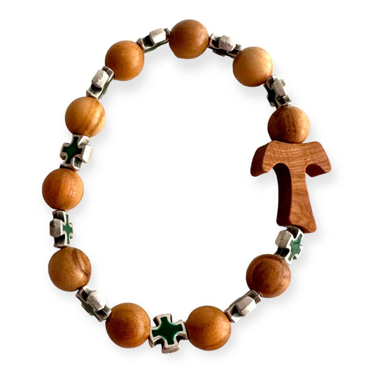 Handcrafted Wooden Bracelet with Tau Cross and Green Celtic Crosses | Catholically