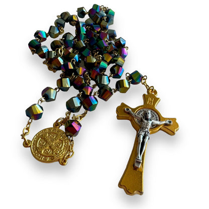 St. Benedict - San Benito - Black Crystal Rosary Blessed By Pope | Catholically