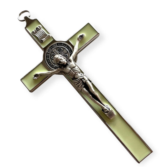 St. Benedict Wall Crucifix - Exorcism Cross - Blessed - 7.5" White Fluorescent | Catholically