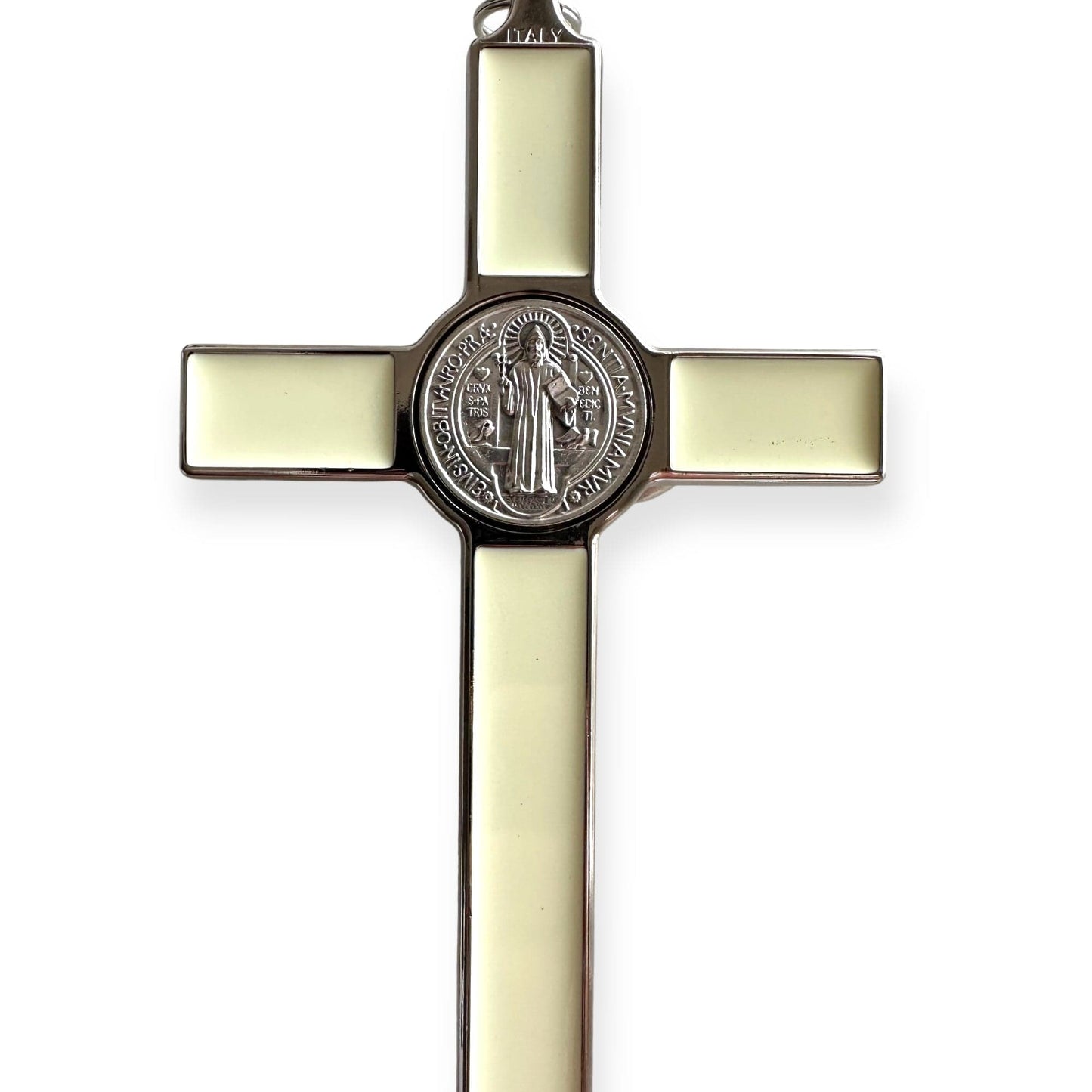 St. Benedict Wall Crucifix - Exorcism Cross - Blessed - 7.5" White Fluorescent | Catholically