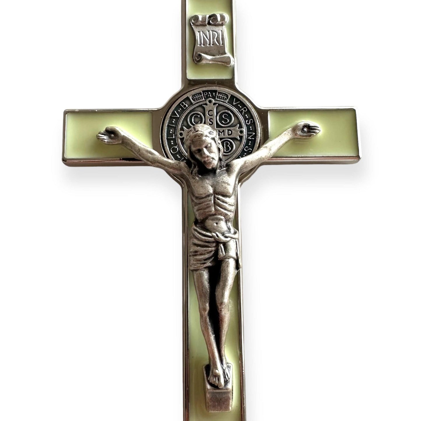St. Benedict Wall Crucifix - Exorcism Cross - Blessed - 7.5" White Fluorescent | Catholically