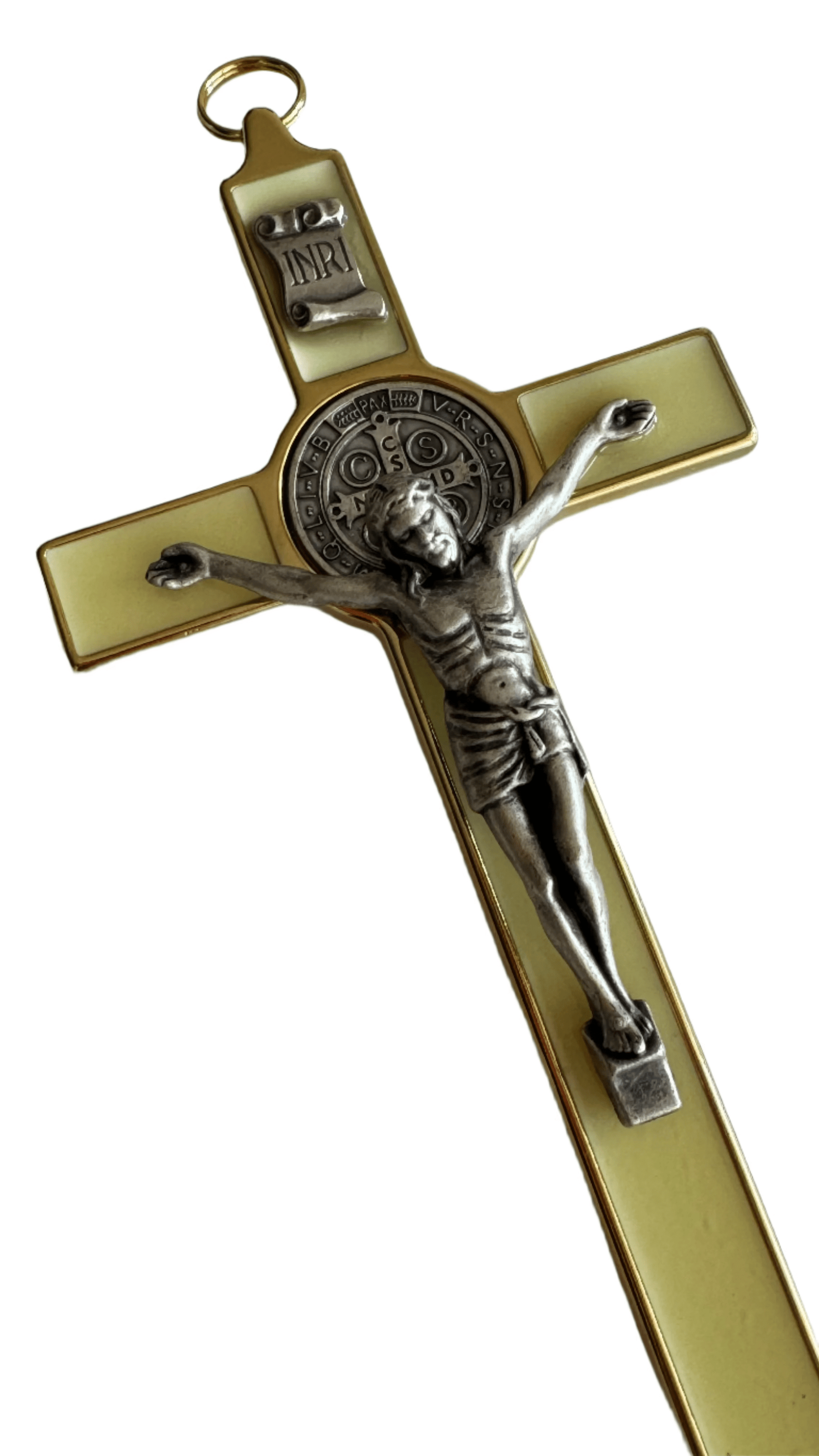 St. Benedict Wall Crucifix - Exorcism Cross - Blessed - 7.5" White Fluorescent | Catholically