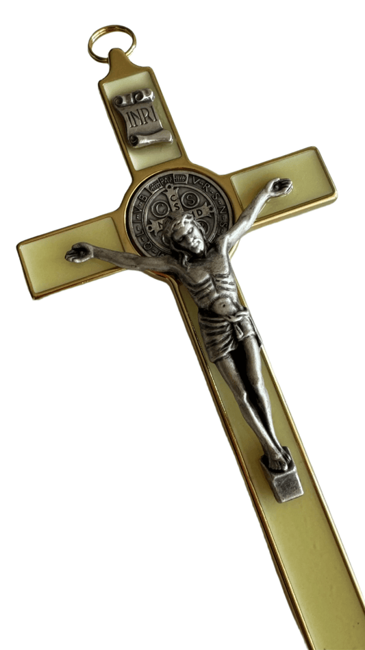 St. Benedict Wall Crucifix - Exorcism Cross - Blessed - 7.5" White Fluorescent | Catholically