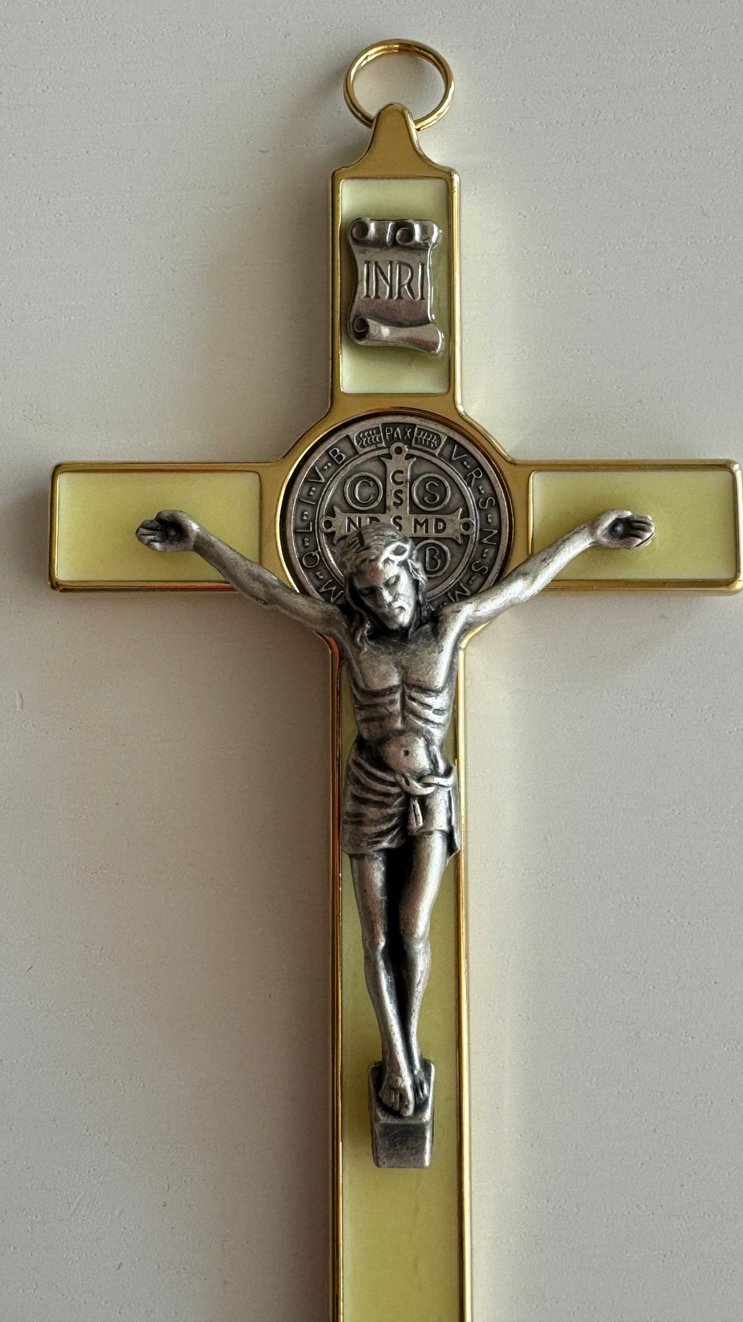 St. Benedict Wall Crucifix - Exorcism Cross - Blessed - 7.5" White Fluorescent | Catholically