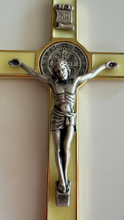 St. Benedict Wall Crucifix - Exorcism Cross - Blessed - 7.5" White Fluorescent | Catholically