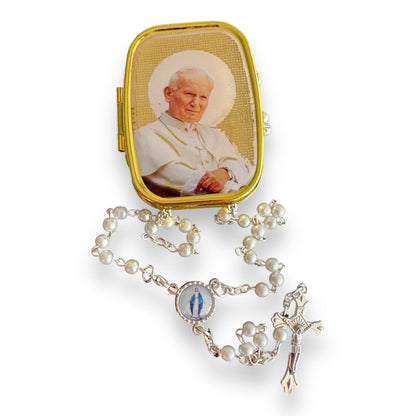 St. John Paul II Rosary with Pearl-Like Beads in Keepsake Box | Catholically