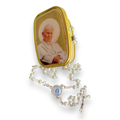 St. John Paul II Rosary with Pearl-Like Beads in Keepsake Box | Catholically