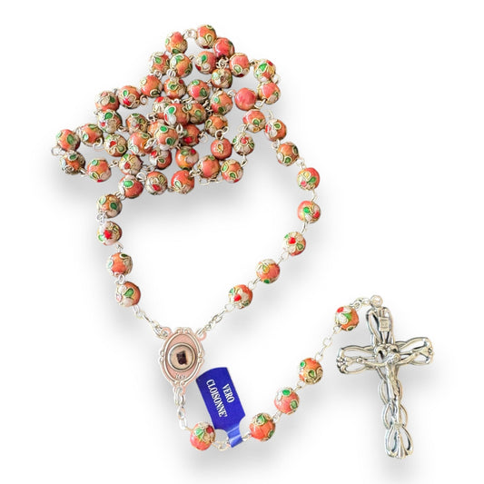 St. Padre Pio Pink Cloisonne Rosary - Blessed By Pope - with Relic | Catholically