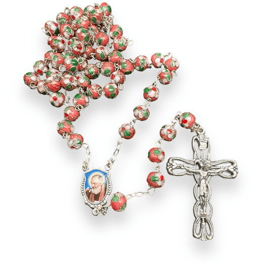 St. Padre Pio Pink Rosary Blessed By Pope with Relic | Catholically