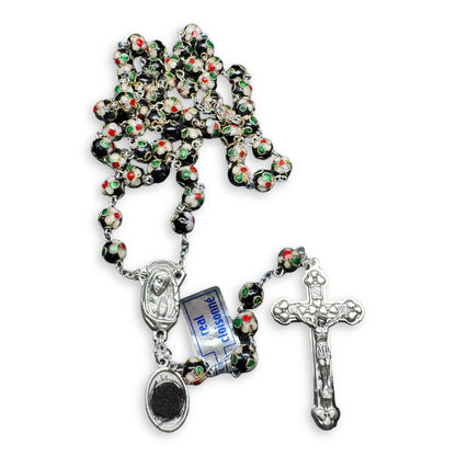 St. Padre Pio Relic Black Cloisonne Rosary  - Blessed by Pope | Catholically