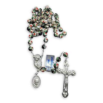 St. Padre Pio Relic Black Cloisonne Rosary  - Blessed by Pope | Catholically