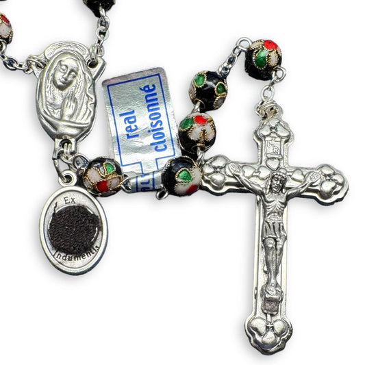 St. Padre Pio Relic Black Cloisonne Rosary  - Blessed by Pope | Catholically