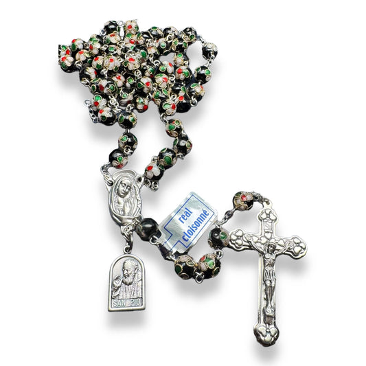 St. Padre Pio Relic Black Cloisonne Rosary  - Blessed by Pope | Catholically