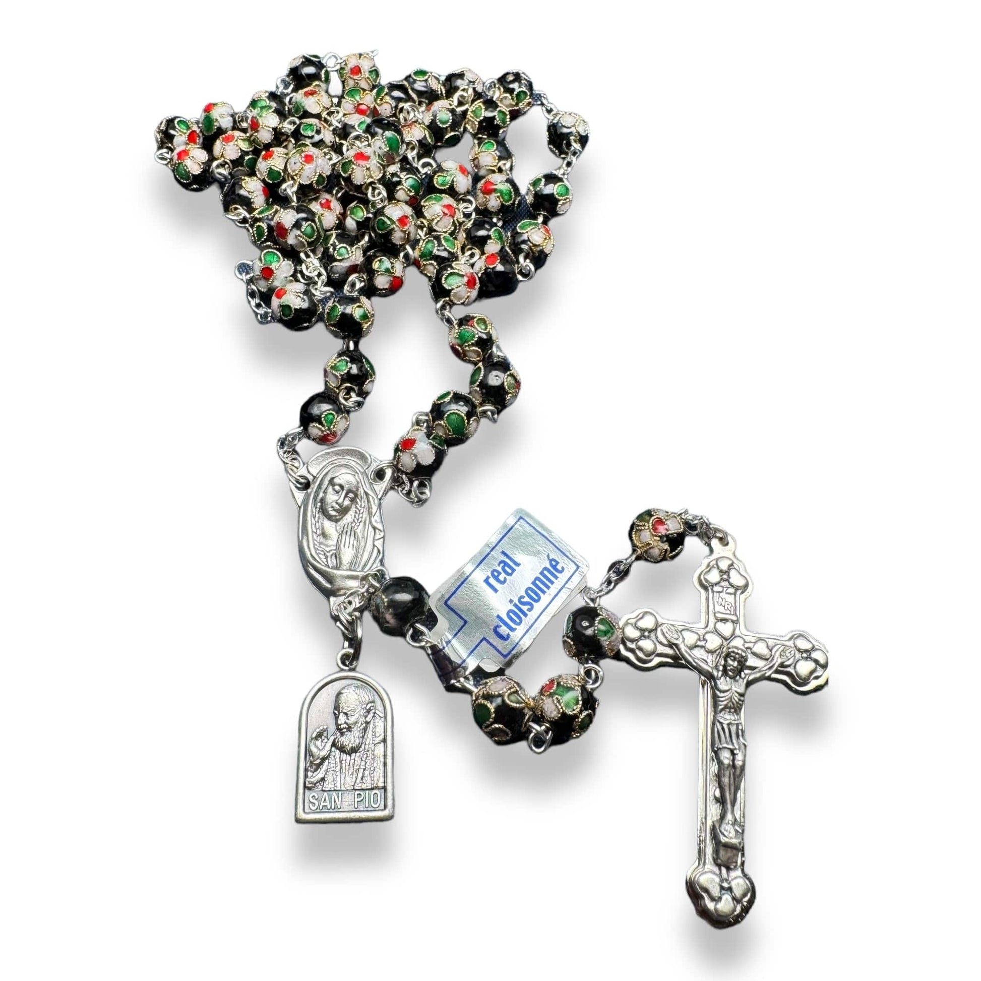 St. Padre Pio Relic Black Cloisonne Rosary  - Blessed by Pope | Catholically