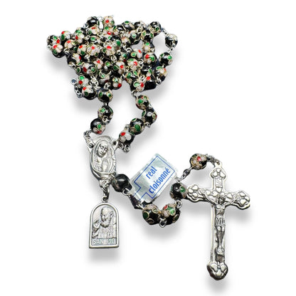 St. Padre Pio Relic Black Cloisonne Rosary  - Blessed by Pope | Catholically