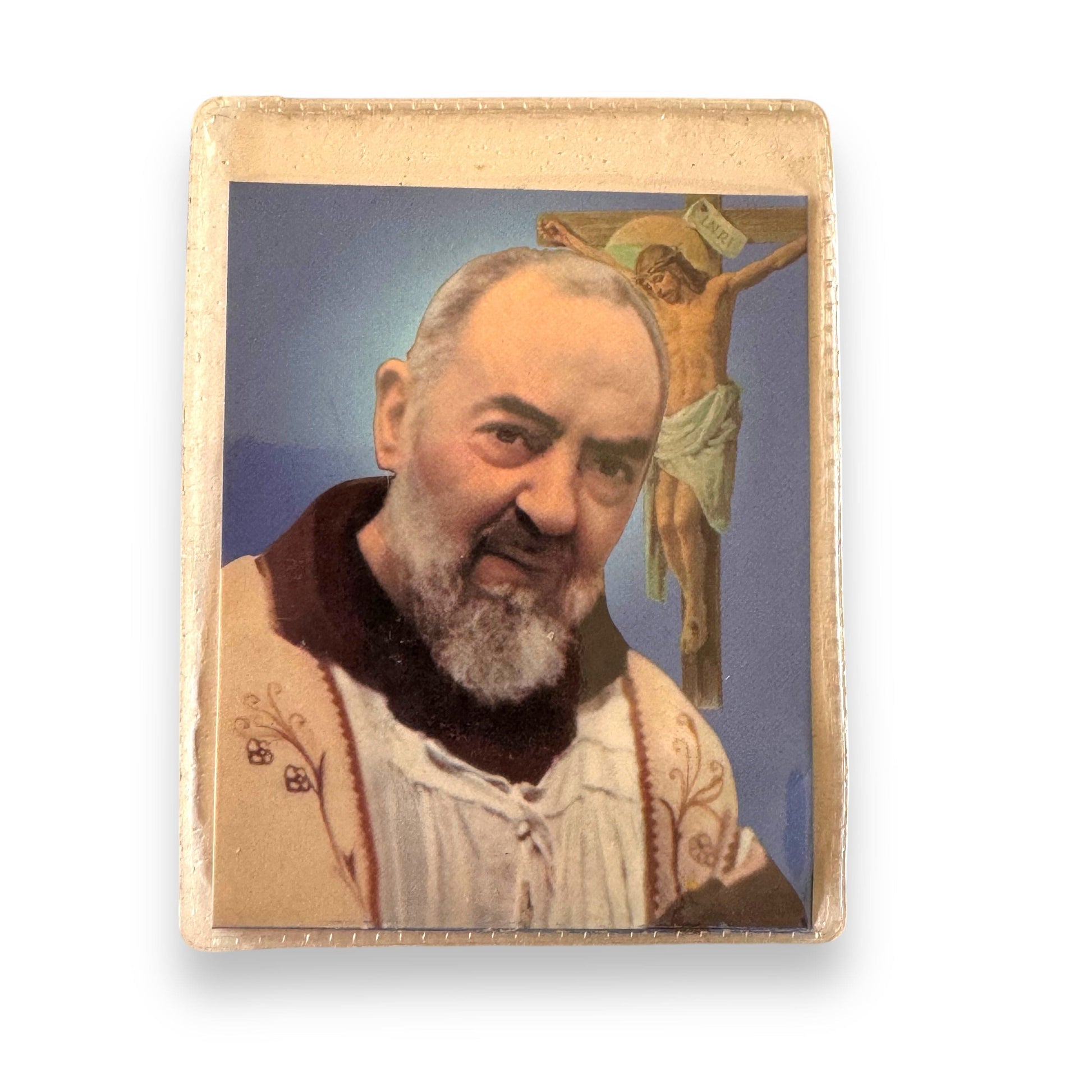 St. Padre Pio Vintage Holy Card with 2nd Class Free Relic Father Pio Badge | Catholically