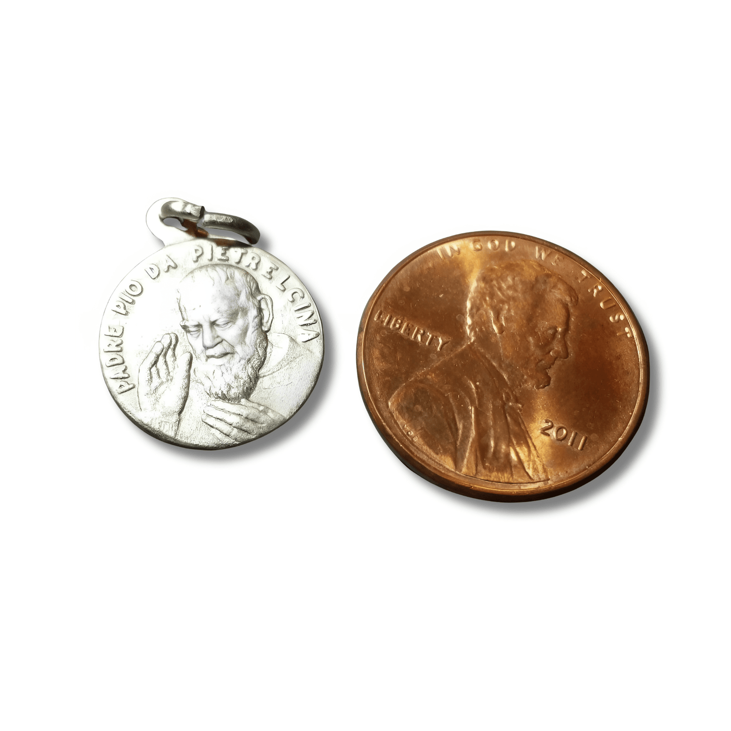 St. Saint Padre Father Pio Silver Plated Tiny Medal + Our Lady Of Graces | Catholically