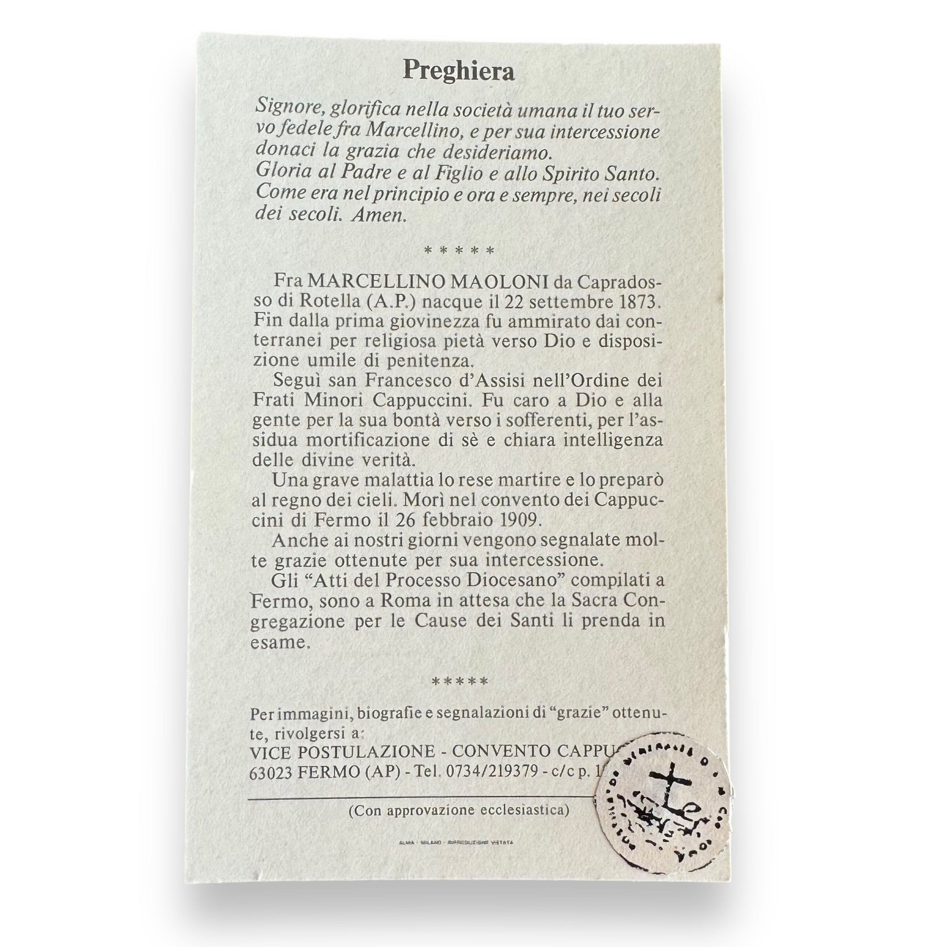 The Servant of God Fra Marcellino da Capradosso OFM Relic Card | Catholically