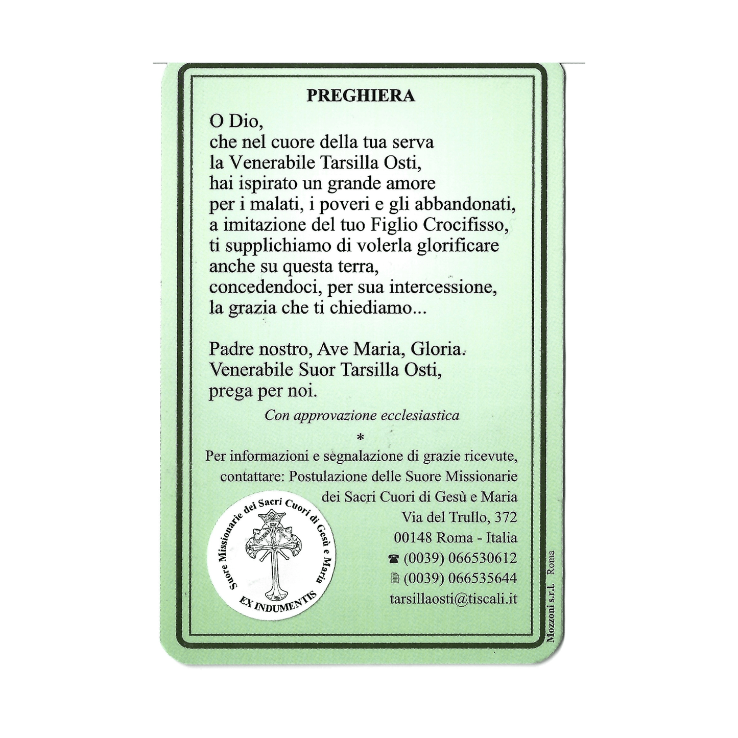 Venerable Tarsilla Osti Relic Card - Missionary of the Sacred Hearts | Catholically