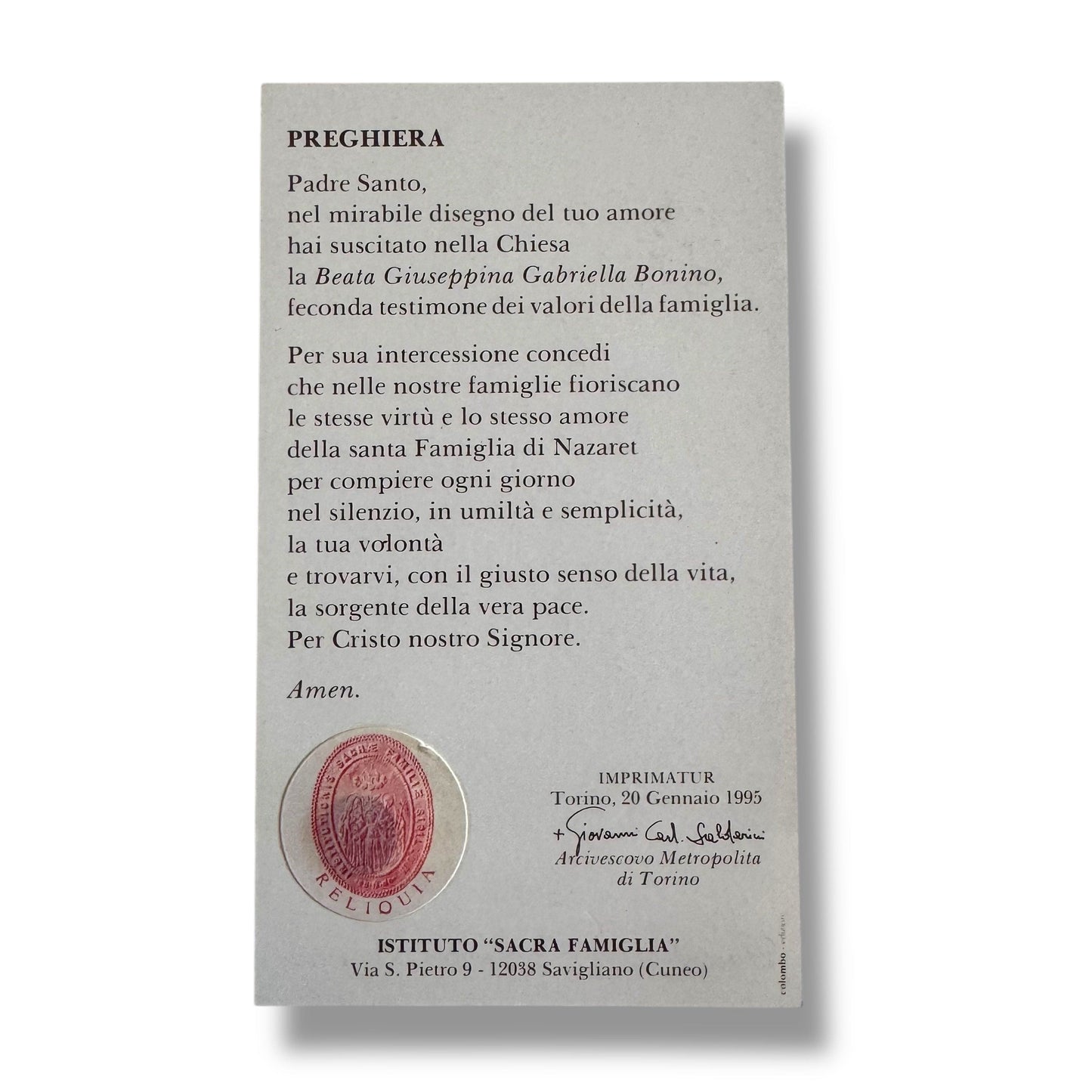 Vintage Holy Card of Beata Giuseppina Gabriella Bonino with Relic | Catholically