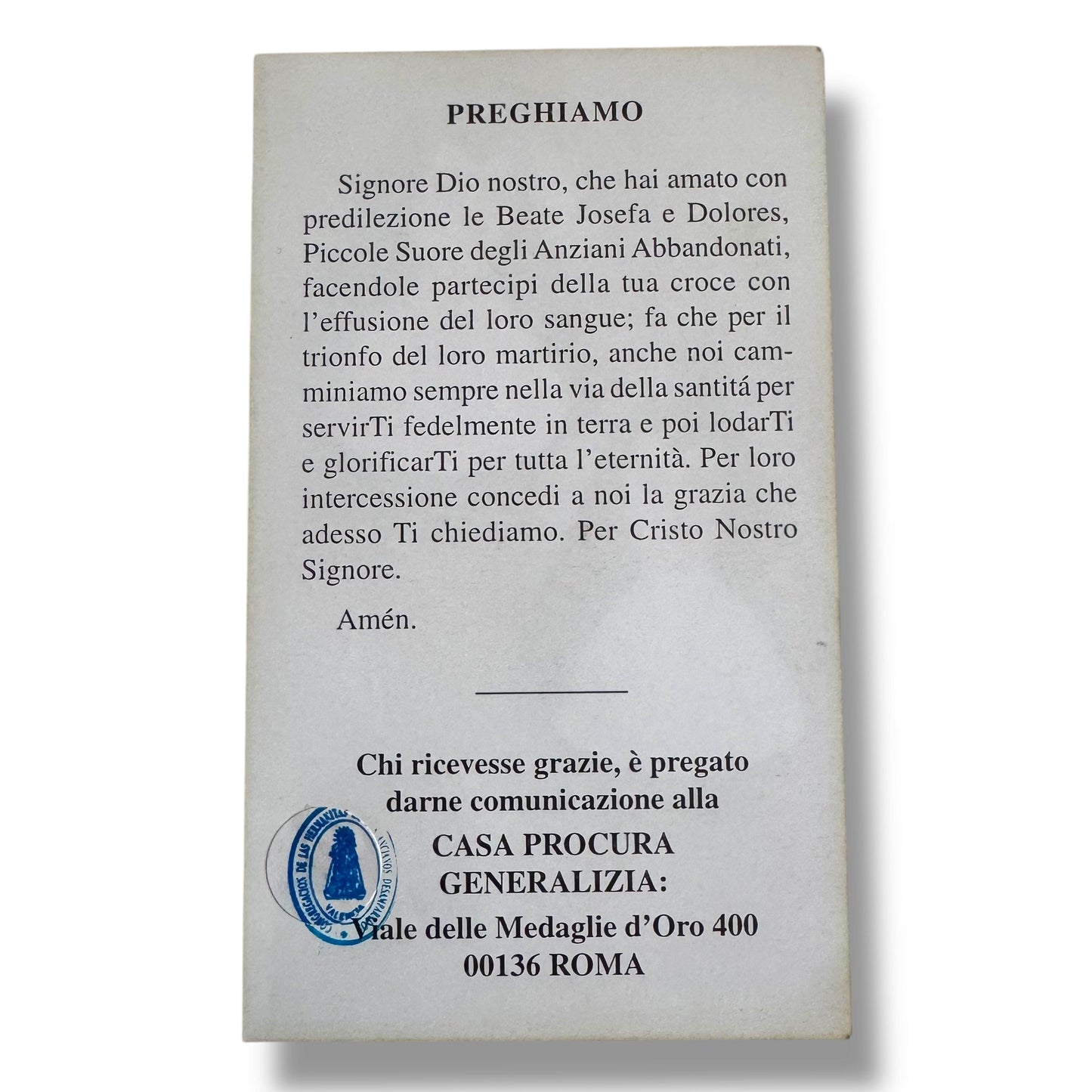 Vintage Holy Card of Hermanitas de los Ancianos Desamparados with Relic | Catholically