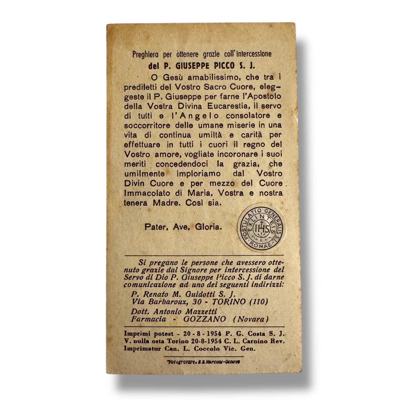 Vintage Holy Card of Servo di Dio P. Giuseppe Picco with Relic | Catholically
