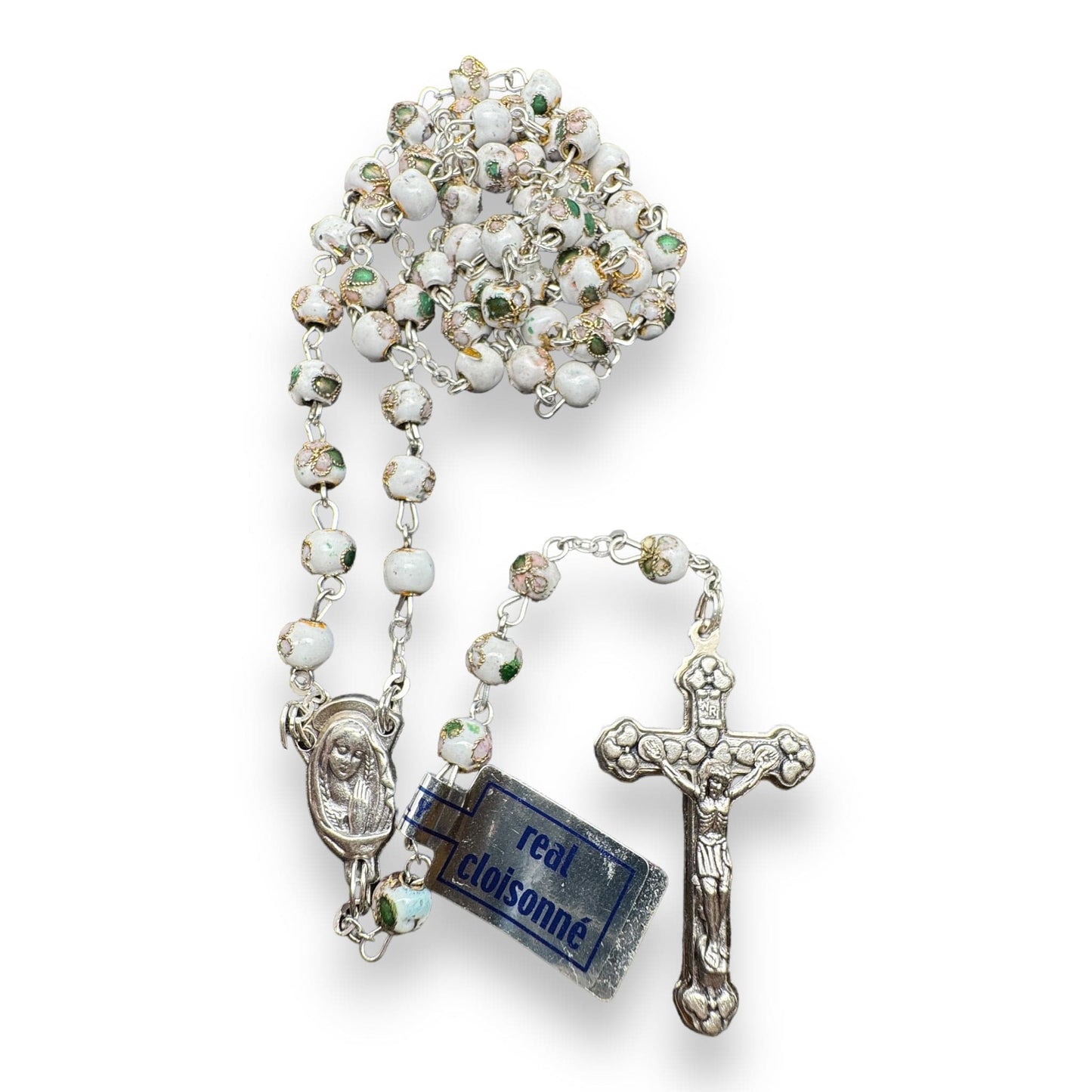 White Cloisonne Rosary Small Beads - Catholic - Blessed By Pope  w/ Parchment | Catholically