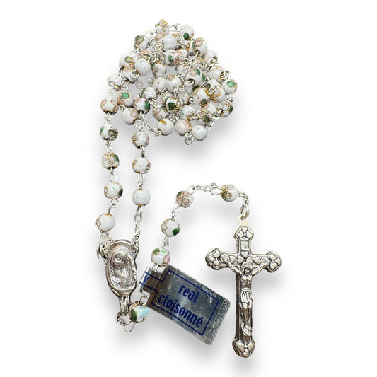 White Cloisonne Rosary Small Beads - Catholic - Blessed By Pope  w/ Parchment | Catholically