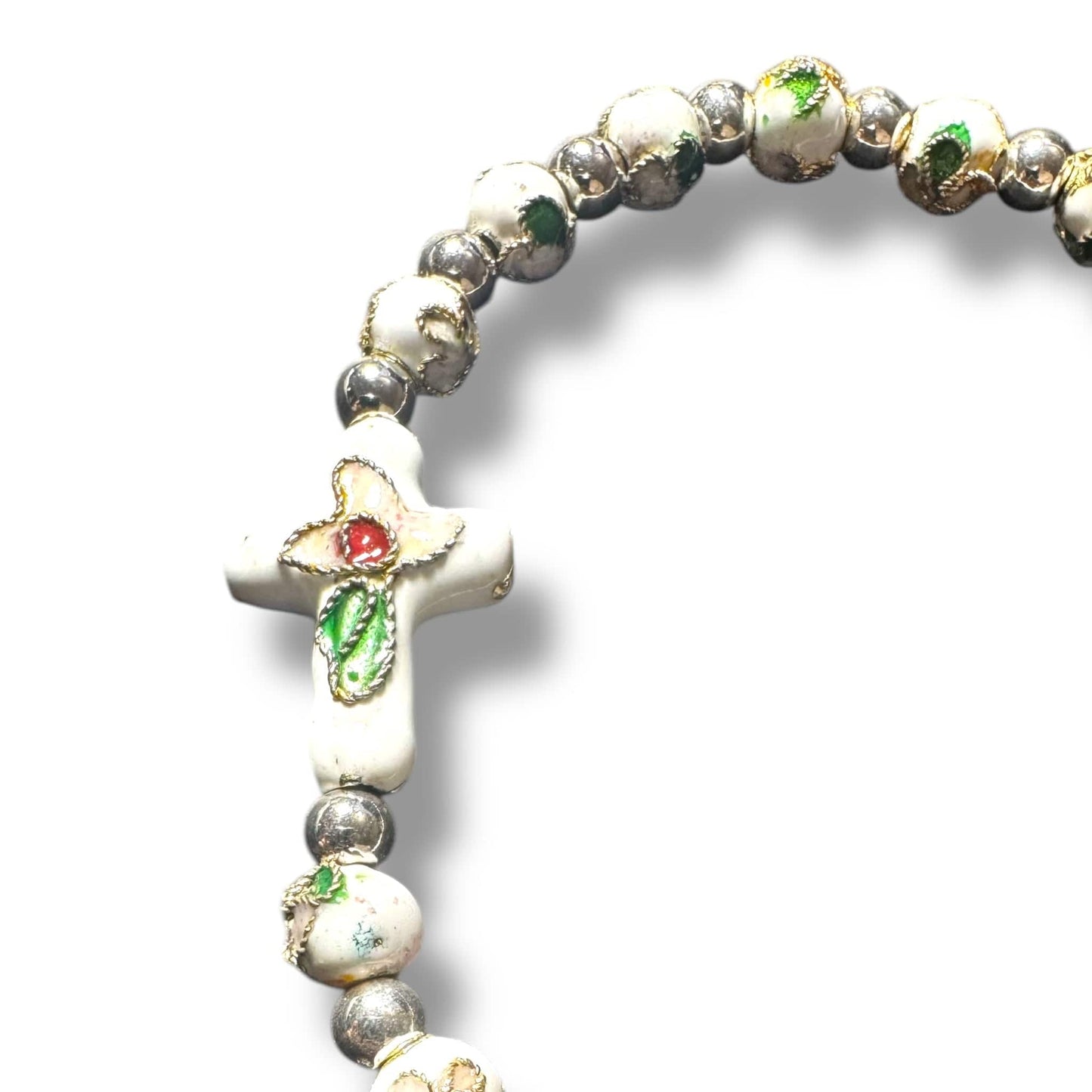White Elastic Stretch Bracelet - Cloisonne - Blessed By Pope - Catholic | Catholically