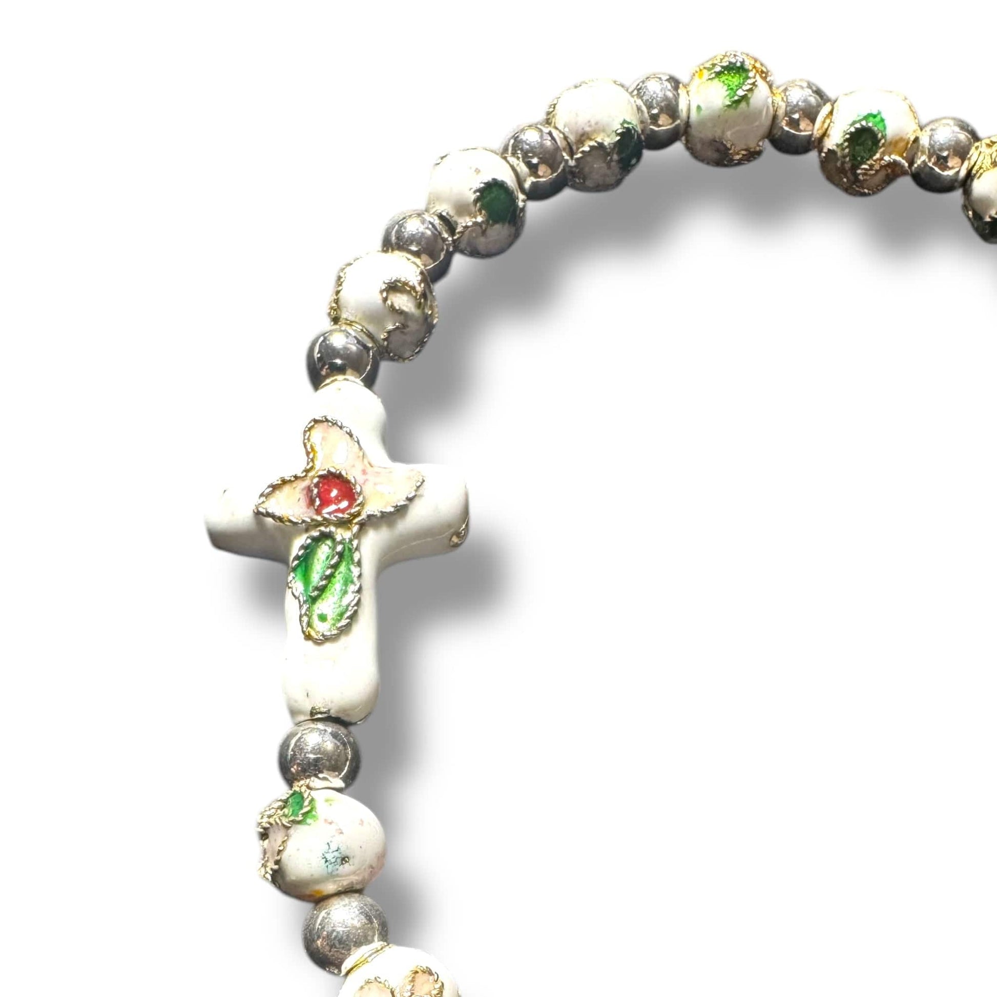 White Elastic Stretch Bracelet - Cloisonne - Blessed By Pope - Catholic | Catholically