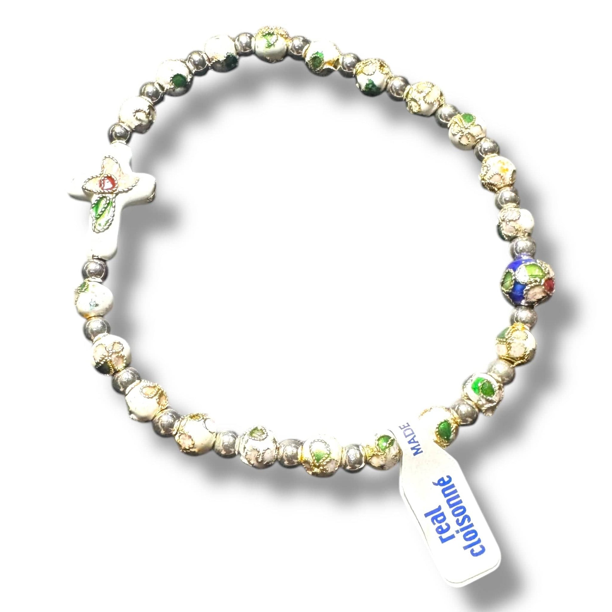 White Elastic Stretch Bracelet - Cloisonne - Blessed By Pope - Catholic | Catholically
