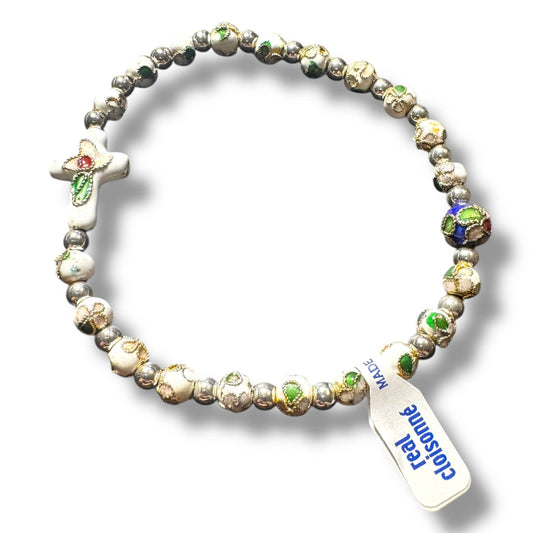 White Elastic Stretch Bracelet - Cloisonne - Blessed By Pope - Catholic | Catholically