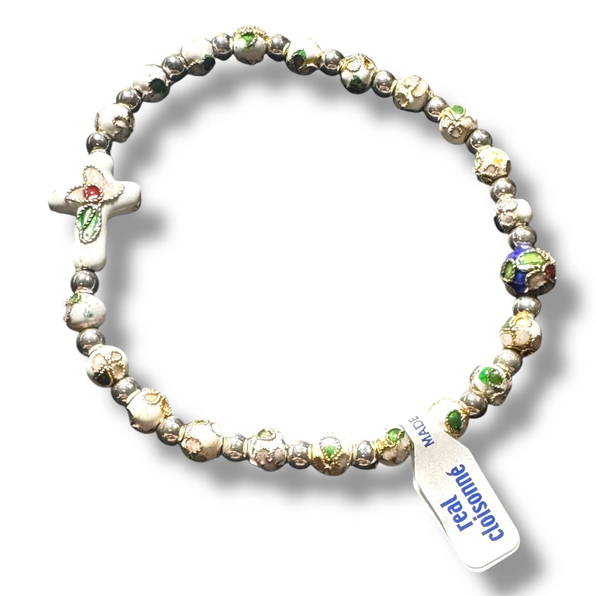 White Elastic Stretch Bracelet - Cloisonne - Blessed By Pope - Catholic | Catholically