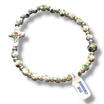 White Elastic Stretch Bracelet - Cloisonne - Blessed By Pope - Catholic | Catholically