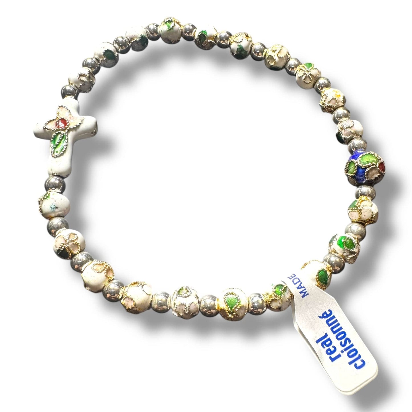 White Elastic Stretch Bracelet - Cloisonne - Blessed By Pope - Catholic | Catholically